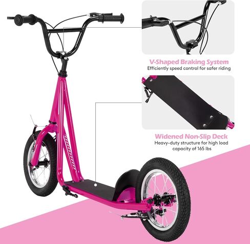 Goplus Youth Kick Scooter, Kids Kick Scooter W/ 12-Inch Air Filled Wheels, Carbon Steel Frame, Adjustable Handlebar, Front and Rear Dual Brakes, Ride On Toys for Adults Teens 8+ in Saudi Arabia