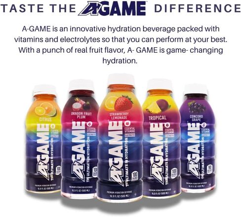 A-GAME Sports Drink, Dragon Fruit Plum, The Ultimate Hydration Sports Beverage for Athletes, 8 Essential Vitamins including B, C, & E plus Natural Sea Salt Electrolytes, All Natural Flavors & Sweeteners, Gluten Free, 16.9 Fl Oz (Pack of 12) in Saudi Arabia
