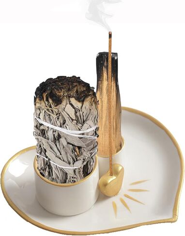 4 in 1 Incense and Candle Holder for Burning Sage, Palo Santo - 5.4" Ceramic Ash Catcher Tray for Meditation Room (Lotus Shaped) in Saudi Arabia