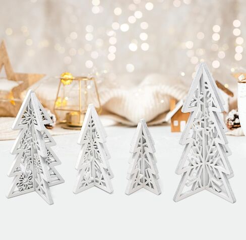 8 Piece Christmas Trees Wooden Table Decorations Centerpiece Holiday Wood White 3D Hallow Carving Tree Tiered Tray Tabletop Sign Decor 4 Sizes for Office Dining Mantle Home Winter Xmas Party Supplies in Saudi Arabia