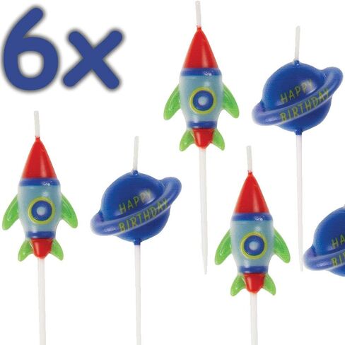 Outer Space Pick Birthday Candles (Pack of 6) - Stellar Rocket & Spaceship Designs, Perfect Space-Themed Cake Toppers for Kids & Space Enthusiasts in Saudi Arabia