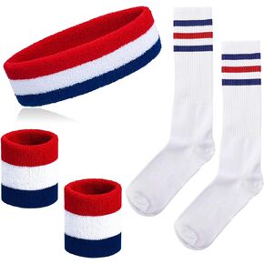 5 Pieces Sweatband Striped Sock Set Sports Headband Wristbands High Tube Socks 80s Accessories for Men Women