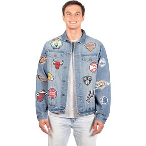 Ultra Game NBA Men's Distressed Multi-Team Denim Patch Jean Jacket