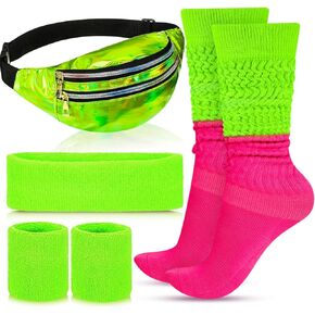 Tarpop 4 Pcs Tarpop 80s Neon Sweatband Headband Wristband Set Neon Slouch Socks Sweat Band Headband Waist Bag for Women Party