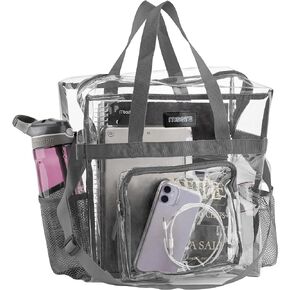 Masirs Clear Tote Bag Stadium Approved - Mesh Pockets Shoulder Straps Zippered Top Perfect for Work School Games Concerts