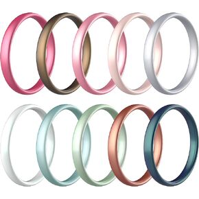 Zollen Silicone Wedding Rings for Women, 3mm Metallic Color Thin Rubber Wedding Bands Stackable Ring, Hypoallergenic Silicone