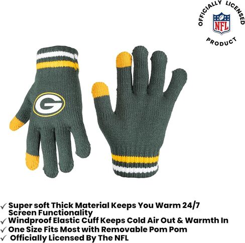 Ultra Game NFL Boys Girls Super Soft Team Stripe Winter Beanie Knit Hat with Extra Warm Touch Screen Gloves in Saudi Arabia