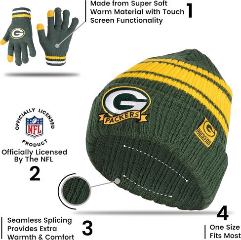 Ultra Game NFL Boys Girls Super Soft Team Stripe Winter Beanie Knit Hat with Extra Warm Touch Screen Gloves in Saudi Arabia