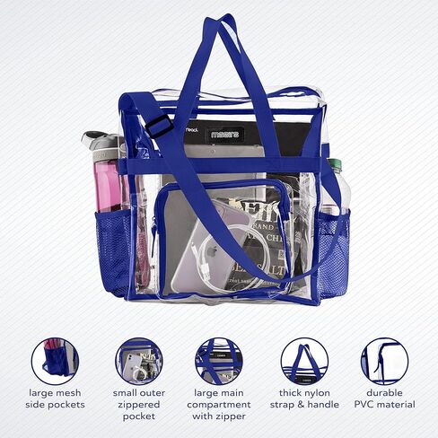 Masirs Clear Tote Bag Stadium Approved - Mesh Pockets Shoulder Straps Zippered Top Perfect for Work Games Concerts | Stadium Approved, Mesh Pockets, Shoulder Straps, Zippered Top, Perfect for Work, Games in Kuwait