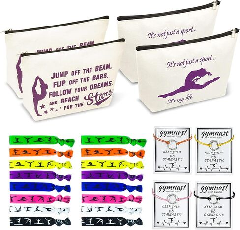 هدايا الجمباز الشخصية للنساء، 4 حقائب مكياج للجمباز، قماش، 16 ربطة شعر للجمباز، 4 أساور لرغبات الجمباز، هدية لعشاق الجمباز ومدرب الجمباز in Kuwait