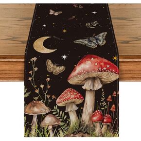 Artoid Mode Mushroom Moon and Moth Fall Table Runner, Seasonal Autumn Kitchen Dining Table Decoration for Home Party Decor 13x72 Inch
