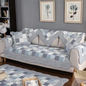 vctops Floral Real Patchwork Sofa Couch Covers Boho Cotton Quilted Sectional Couch Cover Non-Slip Sofa Slipcover for Dogs, Children, Pets Furniture Protector (Blue,36"x47")