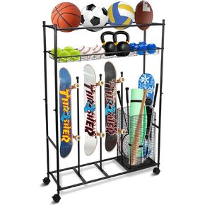 GENMOUS Sports Equipment Organizer, Garage Ball Storage Organization, Basketball Rack with Basket and Wheels, Rolling Sports Ball Cart for Balls, Toys, Sports Gear Holder, Baseball Bat, Indoor Outdoor