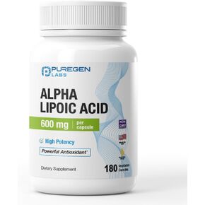 Puregen Labs Alpha Lipoic Acid 600mg [High Potency] 180 Veggie Caps, Antioxidant Support | No Harmful Additives | Non-GMO, NO Gluten and Dairy, 600 mg per Capsule - Made in USA