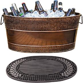 Stainless Steel Beverage Tub + Insulated Multi-Functional Bar Mat for Parties & Events - Wedding Gifts, Anniversary, Wine Nights (6-Gallon), Large Ice Bin for Drinks with Rubber Drying Mat Set
