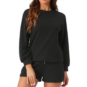 cheibear Womens Waffle Knit Lounge Set 2 Piece Long Sleeve Sweatshirt Matching Shorts Sets Sweatsuit Outfits