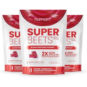 humanN SuperBeets Heart Chews, Nitric Oxide and Blood Pressure Support, Grape Seed Extract & Non-GMO Beet Root Powder Energy Chews, Super Beets Heart Chews, Pomegranate Berry Flavor, 180 Count