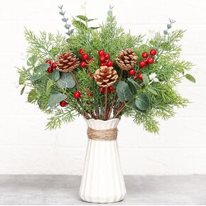 20 Pcs Artificial Christmas Greenery Stems Artificial Pine Branches Mixed Christmas Cedar Pine Needles Cones Picks Eucalyptus Leaves Red Berry Stems for Xmas Home Vase Table Centerpiece Decoration