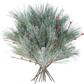 Winlyn 10 Pcs Artificial Pine Branches Snowy Faux Wispy Pine and Berries Picks Winter Greenery Stems 12.2" Tall for Christmas Tree Seasonal Wreath Garland Floral Arrangements Holiday Centerpiece