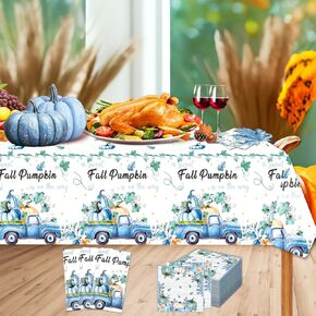 3 Pcs Fall Thanksgiving Tablecloth Plastic Disposable Table Cover Rectangle 54 x 108 Inch and 60 Pcs Napkins, Turkey Pumpkin Maple Leaves Autumn Harvest Table Cover Decor for Party Picnic Dinner