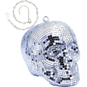 Disco-Ball Human Head Skull Decor - Reflective Skull Ornament, Skull Mirror Ball Centerpiece, Skull Disco Centerpiece (Silver)