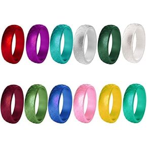 Silicone Wedding Ring for Women, 12 Packs Fish Scale Thin and Stackable Rubber Bands - 5.7 mm Wide - 2 mm Thick
