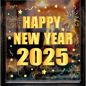 Whaline 6 Sheet 2025 Happy New Year Window Clings Foil Gold New Years Eve Firework Reusable Window Decals for Home Office Classroom Party Decor