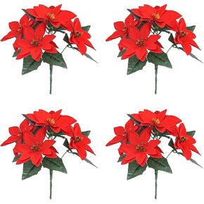 Poinsettias Artificial Christmas Flowers Decorations - 4 Pcs Artificial Red Poinsettia Flowers with Stems 5 Heads for Christmas Tree,Fake Red Poinsettia Flowers for Home Outdoor Xmas Tree Decor