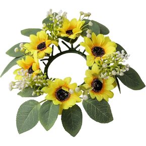 Summer Candle Ring Sunflower Mini Wreath Artificial Flowers Wedding Centerpieces 10" for Home Garland Tabletop Farmhouse Rustic Country Party Decor