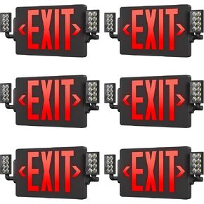 Sunco 6 Pack Red Exit Signs With Emergency Lights, Two Adjustable LED Lights, 94V-0 Fire Resistant, Backup Battery, 120-277V, Wall Or Ceiling Mount, Commercial Grade Double Sided UL
