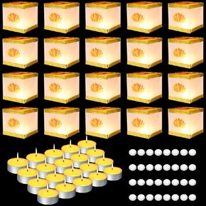 72 Pieces Square Floating Lanterns Water Wooden Paper Lanterns Lotus Pattern Chinese Lanterns with Tea Candles and Adhesive Pads for Pool River Memorial Wishing Blessing