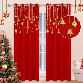Christmas Curtains for Living Room and Bedroom 84 Inch - Gold Sparkle Christmas Tree Snowflake Print Blackout Curtains Grommet Top Room Darkening Thermal Insulated Red Xmas Window Drapes, 2 Panels