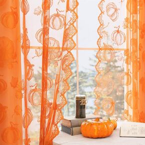Fall Lace Curtains 84 Inches Long, Harvest Pumpkin Sheer Curtains for Living Room, Country Rustic Rod Pocket Thanksgiving Decor Sheer Lace Burnt Orange Curtains, 2 Panels 52 x 84 Inch