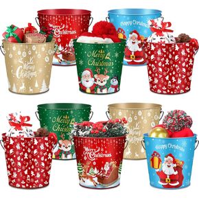 Shappy 10 Pcs Christmas Metal Buckets Bulk with Handle 6.1 x 4.53 x 5.63 Inch Christmas Candy Buckets Christmas Decorations Galvanized Iron Bucket Pails for Home Xmas Party Table Centerpiece