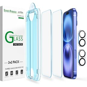 amFilm 2+2 OneTouch Screen Protector Compatible with iPhone 14 6.1" Tempered Glass and Camera Lens Protector Yellow iPhone 14, Edge to Edge Full Coverage with Easy Installation Kit