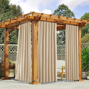 NICETOWN 2 Panels Outdoor Patio Curtains Windproof Top & Bottom Rod Pocket & Back Tab, Thermal Insulated Windproof Drapes Keep Privacy for Porch with Ropes for Fixed, Biscotti Beige, W52 x L84