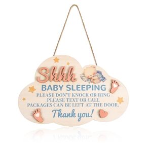 Baby Sleeping Sign for Front Door, Cloud Shaped Baby Sleeping Door Sign with Hemp Rope Wooden 3D Baby Sleeping Hanging Sign Do Not Ring Doorbell Sign for Baby Room