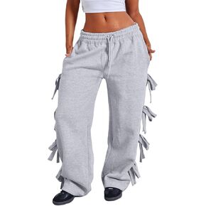 MISSACTIVER Women Side Bow Tie Wide Leg Sweatpants High Waisted Baggy Flared Joggers Drawstring Waistband Pants with Pocket