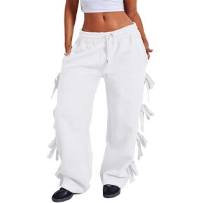 MISSACTIVER Women Side Bow Tie Wide Leg Sweatpants High Waisted Baggy Flared Joggers Drawstring Waistband Pants with Pocket