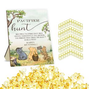 Pacifier Hunt Sign, Mini Pacifiers Baby Shower Game Set, 50Pcs Mini Brown Pacifiers Decor for Baby Shower, Gender Reveal Activities Games for Adults Kids 5 * 7IN