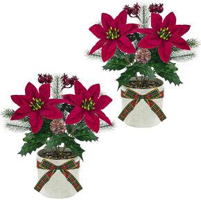 2Pcs Poinsettias Artificial Christmas Flowers, Small Red Poinsettias Plants Tabletop Mini Christmas Centerpieces for Table Mantle Home Office Xmas Holiday Indoor Christmas Decor