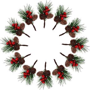 QLINLEAF Christmas Red Berry Stem Floral Pine Cone Artificial Pine Branch Evergreen Branch Pine Cone Decoration Christmas Decoration DIY Holiday Crafts Garland Decoration (12 Pieces)