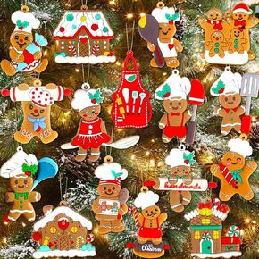 16Pcs Gingerbread Man Ornaments for Christmas Tree, Assorted Plastic Kitchen Gingerbread Man Ornaments with Gingerbread House Ornaments for Xmas Tree Hanging Decorations DIY Craft