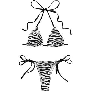 WDIRARA Women's 2 Piece Zebra Striped Swimsuit Halter Triangle Top Knot Side Thong Bikini Set
