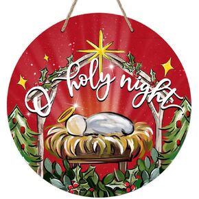 Deroro Christian Christmas Nativity Front Door Sign, Religious Xmas Jesus O Holy Night Wood Door Hanger Outdoor Outside Porch Decor, Winter Holiday Wooden Wreath Indoor Wall Hanging Decoration