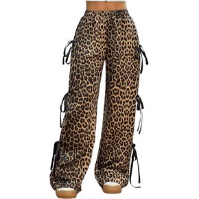 Milumia Women's Leopard Print Bow Tie Side Pants Low Rise Wide Leg Sweatpants