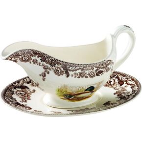 Spode Woodland قارب صلصة وحامل، 11 أونصة، زخارف تركية من البورسلين - ميكروويف، فرن، مجمد، آمن للاستخدام في غسالة الأطباق، مثالي لتقديم المرق والصلصات والضمادات - عيد الشكر والمناسبات الخاصة