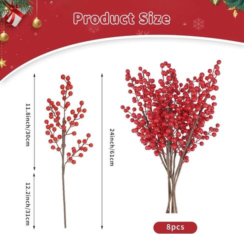 رجل الفاوانيا 8 قطع التوت الأحمر الاصطناعي ينبع 24 بوصة عيد الميلاد التوت الأحمر هولي بيري فروع فو عيد الميلاد التوت يختار لشجرة عيد الميلاد إكليل DIY الحرف الزفاف الزهور ديكور المنزل in Kuwait