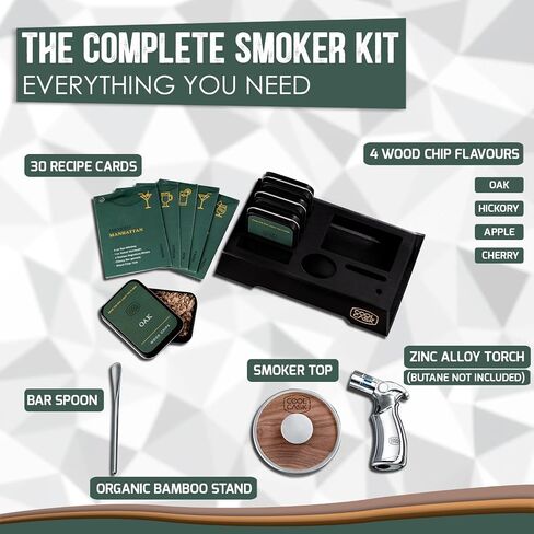 Cocktail Smoker Kit with Torch & 4 Wood Chip Flavours, Whiskey Smoker Infuser Kit for Smoked Old Fashioned, Bourbon Drinks, Without Butane, Cocktail Gift Set for Dad, Husband, Son - Silver in Saudi Arabia