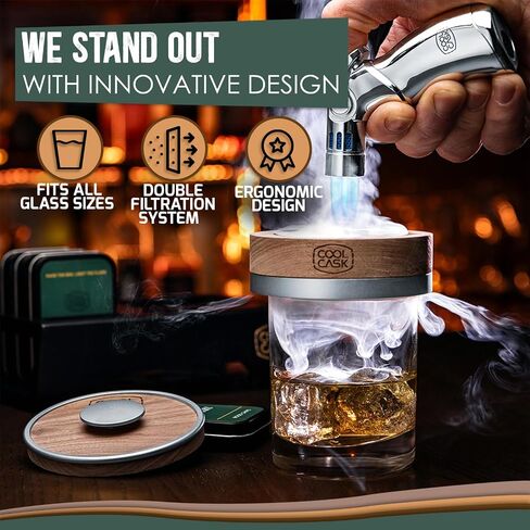 Cocktail Smoker Kit with Torch & 4 Wood Chip Flavours, Whiskey Smoker Infuser Kit for Smoked Old Fashioned, Bourbon Drinks, Without Butane, Cocktail Gift Set for Dad, Husband, Son - Silver in Saudi Arabia